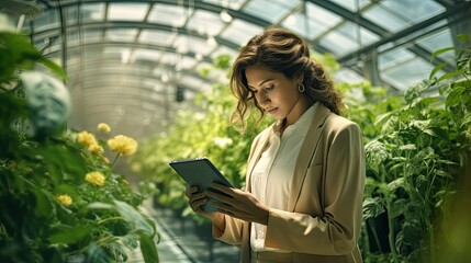 Poster - Female farmer stands and holds a tablet in her hand