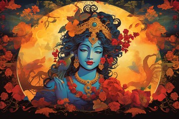 Wall Mural - illustration of Vintage style poster based off krishna featuring, Generative ai