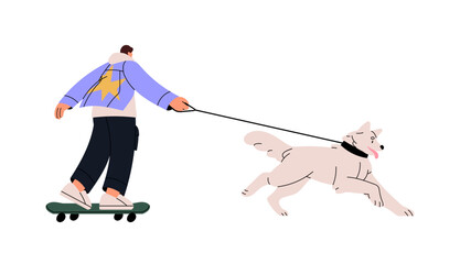 Wall Mural - Owner skate on skateboard with big fluffy dog, pup. People walk puppy, stroll playful doggy on leash. Active lifestyle. Street activity together with pet. Flat isolated vector illustration on white