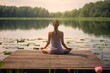 Woman practicing yoga mat on wooden pier. Summer nature outdoors relaxation calm. Generate Ai