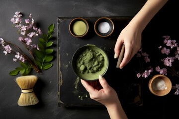 Wall Mural - Woman preparing matcha tea at black table. Art natural green tea powder. Generate Ai