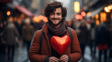 Romantic Valentine's Day Illustration Of A Smiling Man With A Red Balloon In The Shape Of A Heart In His Hands. Love, Valentine, Holiday. Wallpaper, Background.