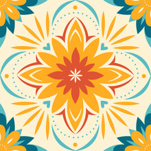  Mexican Floral Tile. Ceramic Tiles In A Classic Design Feature Intricate Floral And Leaf Motifs, Highlighting. Shades Of Red, Yellow, And Green. Mexican Floral Mosaic. Colorful Mediterranean.