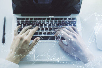 Poster - Multi exposure of abstract financial diagram with hand typing on computer keyboard on background, banking and accounting concept