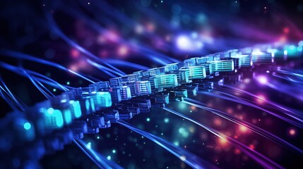 Fiber optics network cable on technology background
