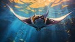A single manta ray, its majestic wings flapping, captured in a sunlit shallows.