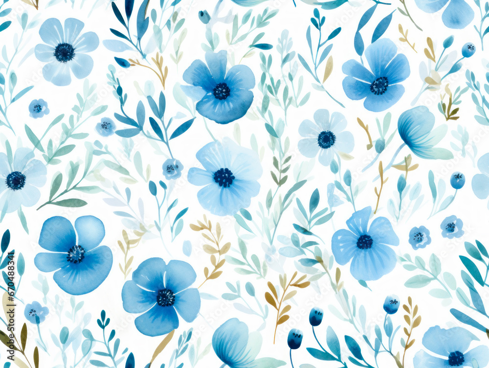 Blue watercolor floral seamless pattern. Beautiful wild flowers blossom ...