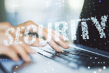 Aufkleber - Cyber security creative concept with hands typing on computer keyboard on background. Double exposure
