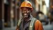 portrait of smiling african american male worker in orange safety helmet Generative AI