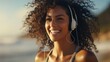 Beautiful young african american woman listening to music with headphones on the beach. Generative AI