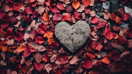a heart-shaped stone autumn fall leaves background