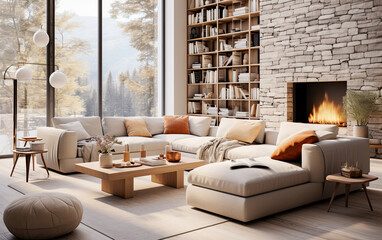 Modern Living Room with Fireplace and Large Windows: Cozy living space with a fireplace, large windows, and a modern sectional sofa, creating a warm and inviting atmosphere for relaxation and enjoymen