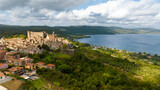 Fototapeta Do pokoju - Aerial view of Bracciano, in the metropolitan city of Rome, Italy. The town is located on the shores of Lake Bracciano. In the historic center there is the castle and cathedral of Santo Stefano.