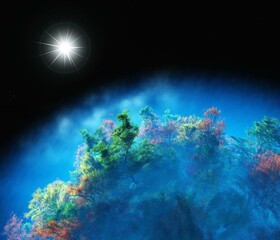 Wall Mural - star rising over blue planet, eco planet, 3d rendering