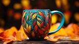 Fototapeta  - Vintage porcelain teacup, antique tea coffee cup mug, Teacup, Beautiful Autumn leaves, Perfect Gold, Ornate Handle, outdoor, nature background