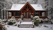 Cozy log cabin completely enlightened in blanketed winter woodland with snowman at observe before get-away domestic