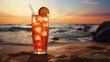 A tall glass of cold apple juice, condensation on its side, set against the backdrop of a calm beach at sunset.