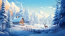 Ancient Wooden House, Cottage And Animal Dwellingplace In Profound Snow On Mountain Valley, Spruce Timberland, Woody Slopes On Clear Blue Sky At Dawn Duplicate Space Foundation. Mountain