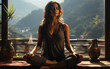 kobieta siedząca na tarasie w górach w słoneczny dzień, joga.