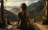 Fototapeta  - kobieta siedząca na tarasie w górach w słoneczny dzień, joga.