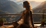 Fototapeta  - kobieta siedząca na tarasie w górach w słoneczny dzień, joga.