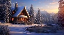 Cozy Log Cabin Surrounded By A Snowy Wonderland. Charming, Winter's Delight, Peaceful Escape, Snow-covered Landscape, Holiday Comfort, Natural Splendor. Generated By AI.