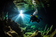 Scuba diver exploring cave. Extreme sports