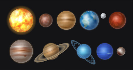Poster - Planets of solar system in row, isolated celestial bodies. Vector realistic Sun and Mercury, Venus and Earth, Moon and Mars, Jupiter and Saturn, Neptune and Uranus, pluto and moon