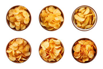 Wall Mural - Collection of top-view crispy potato chips in a bowl isolated on a transparent background