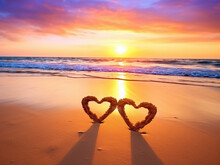Two Hearts On A Sandy Beach, Against The Background Of A Beautiful Sunset Sun And A Multicolored Sky With Clouds