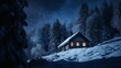 Winter or Christmas publicizing foundation with purge white painted rural wooden sheets ignoring a lit cold timber mountain cabin with falling snow for item arrangement