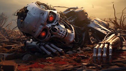 A post-apocalyptic scene with a robotic dead skeleton or remains in a desolate wasteland, symbolizing the decay and destruction of a dystopian future.