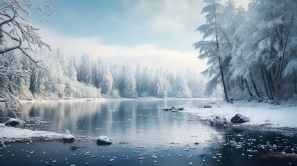  Snow-dusted trees enclose a serene lake. Winter landscape, tranquil waters, snowy forest, picturesque serenity, frozen lake, seasonal calm. Generated by AI.