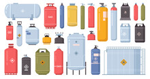 Gas Cylinder Container Bottle, Tank With Dangerous Liquid. Lpg Propane Bottle Icon Container. Oxygen Gas Cylinder Canister Fuel Storage. Vector Flat Carton Illustration Of Camping Flammable Canister