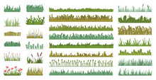 Vector Flat Grass With Blooming Flowers Set Isolated Icons. Illustration Of Green Grass In Cartoon Style, Spring Fresh Grasses Kit For Web Game Design. Nature Landscape Element