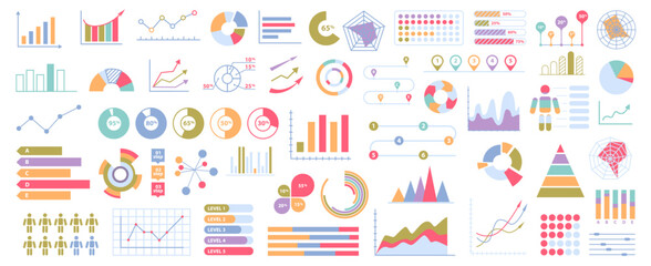 Aufkleber - Chart and graphs vector flat cartoon icons. Statistics, growth and pie chart icon set. Stats and diagram, financial analytics, sales increase and reduce concept. Web design elements