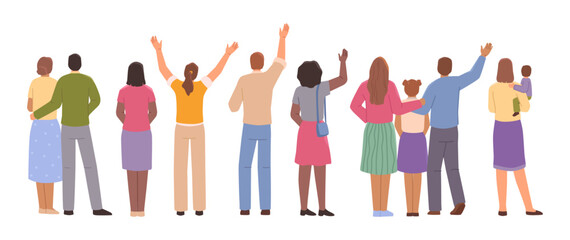 Aufkleber - People look back and wave hands, man, woman and children saying goodbye, diversity of man and woman. People in casual cloth standing backwards, gesturing kinds and adults