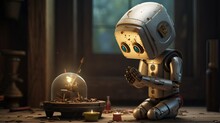 A Surreal And Abstract Scene Of A Robotic Figure With Blue Eyes And Machinery, Portraying A Sense Of Cold And Heat In A Futuristic And Sci-fi Setting.