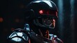 A futuristic robotic soldier with red glowing eyes in a night urban setting, symbolizing heavy and armored security in a cyberpunk-style environment.