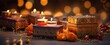 © irissca - Diwali Deepavali colorful gift boxes and glowing candle lights web banner. Happy Diwali background, web banner. Diwali Hindu festival of lights celebration. Colorful traditional Diwali gifts.
