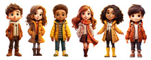 Cute Cartoon Realistic Happy Children Dressed In Autumn Clothes Characters Set