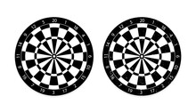 Cartoon Old Dart Board Scoring Symbol. Dartboard Icon. Color, Twenty, Black And White Game Board, Darts Game. Target Competition. Sports Equipment And Arrows. Vector Illustration