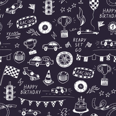 Wall Mural - Racing cars birthday vector seamless pattern.