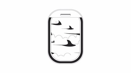 Poster - Aircraft window with flying ray fish in sky bw outline 2D object animation. Aeroplane window monochrome linear cartoon 4K video. Fenster flugzeug above cloud animated item isolated on white background