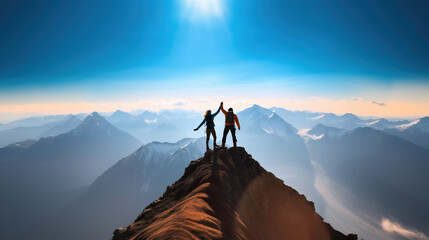 Wall Mural - Couple celebrating success on mountain top by holding hands up in the air