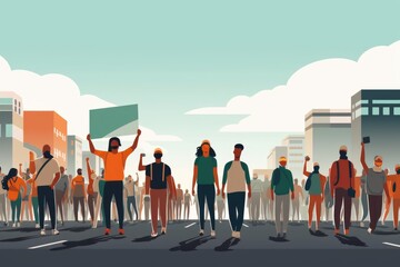 flat illustration of Group of males protesters crowd holding blank banners