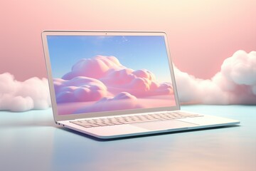 Laptop with clouds background in pink soft pastel color.