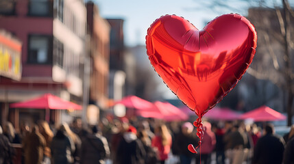 f heart-shaped balloons, with a bustling city street as the background context, during a Valentine's Day parade