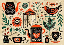 A Set Of Vintage Elements. Folk Composition, Including Pots, Coffee, Tea, Beans, Bird, Abstract Flowers And Leaves. Organic Abstraction Of Folk-inspired Motifs. Rustic Style Of Vector Illustration. 