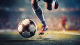 Fototapeta Sport - Soccer player kicking the ball on a soccer grass field in front of a blurred stadium. Sport concept background